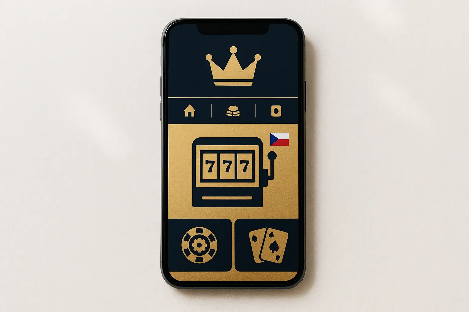Detail smartphonu s lobby mobilního kasina ve zlaté a námořnické